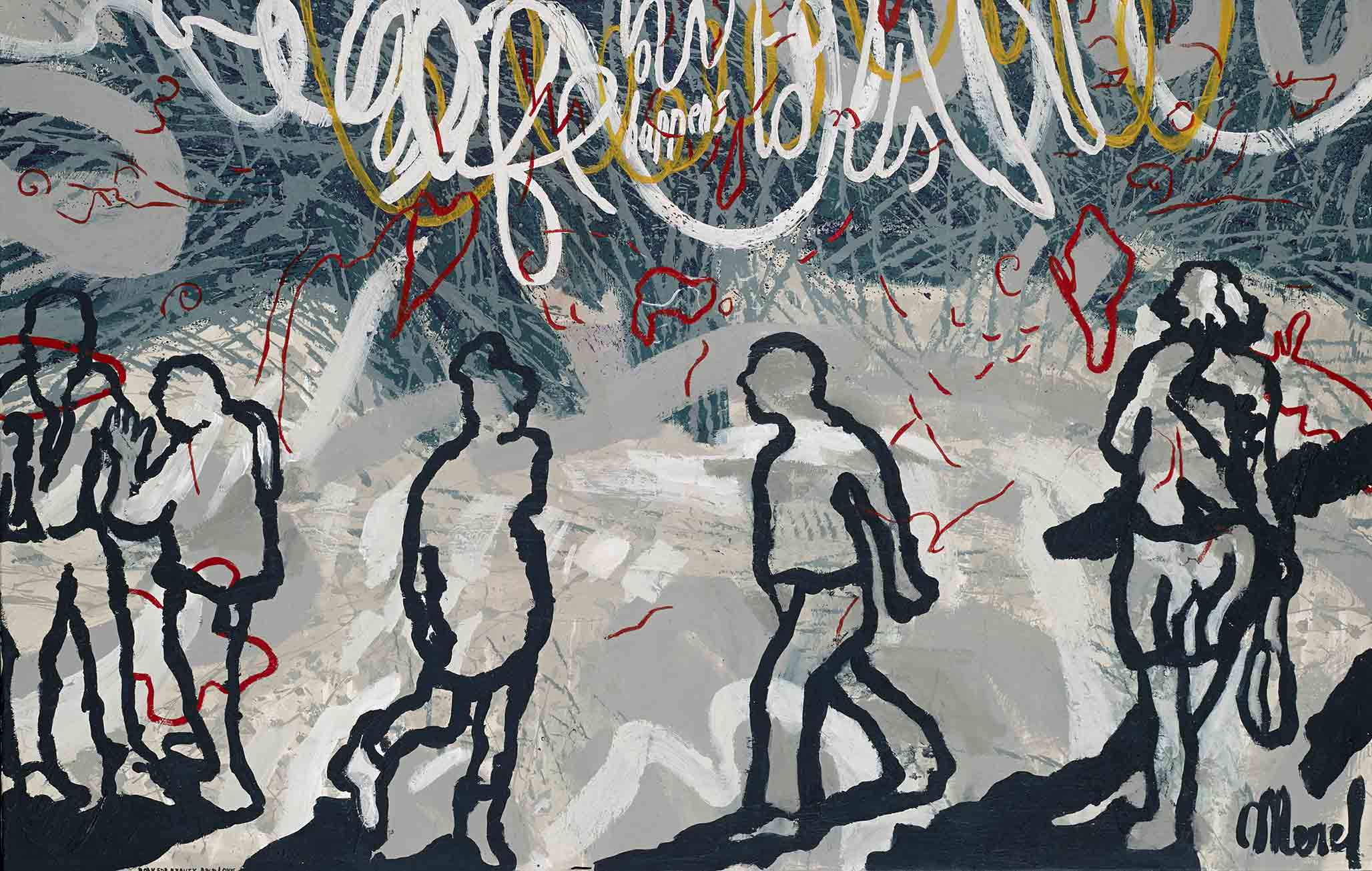 Schilderij van Merel: zwarte silhouetten van wandelende mensen op een grijze achtergrond met witte, gele en rode krabbellijnen