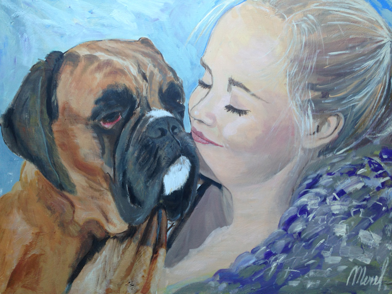 Merel-portret-2018-Janne-en-Clovis-02 Portret door Merel: meisje met gesloten ogen drukt haar wang tegen een boxer, geschilderd in warme bruine en blauwe tinten
