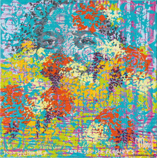 Schilderij van Merel: gezicht met starende ogen tussen oranje, gele en turquoise bloemmotieven, met de tekst I can see the sky
