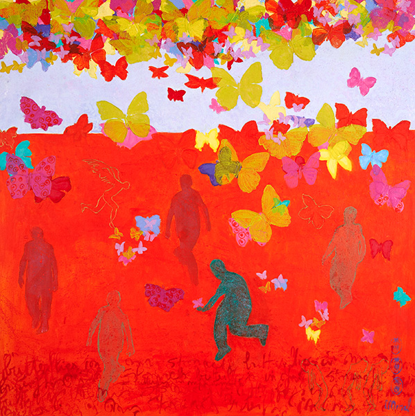 Merel-work-2012-Butterflies-in-my-stomach-140x140cm Schilderij van Merel: donkere silhouetten van mensen op een felrode achtergrond onder een zwerm gele, roze en rode vlinders